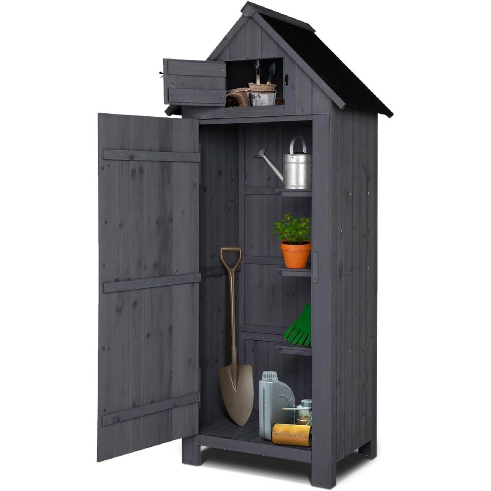Gardening Tools Organizer - โรงเก็บของไม้กลางแจ้ง, ตู้เก็บเครื่องมือในสวนพร้อมระบบความปลอดภัย, ตู้เก็บของสำหรับลานบ้าน (สีเทา)