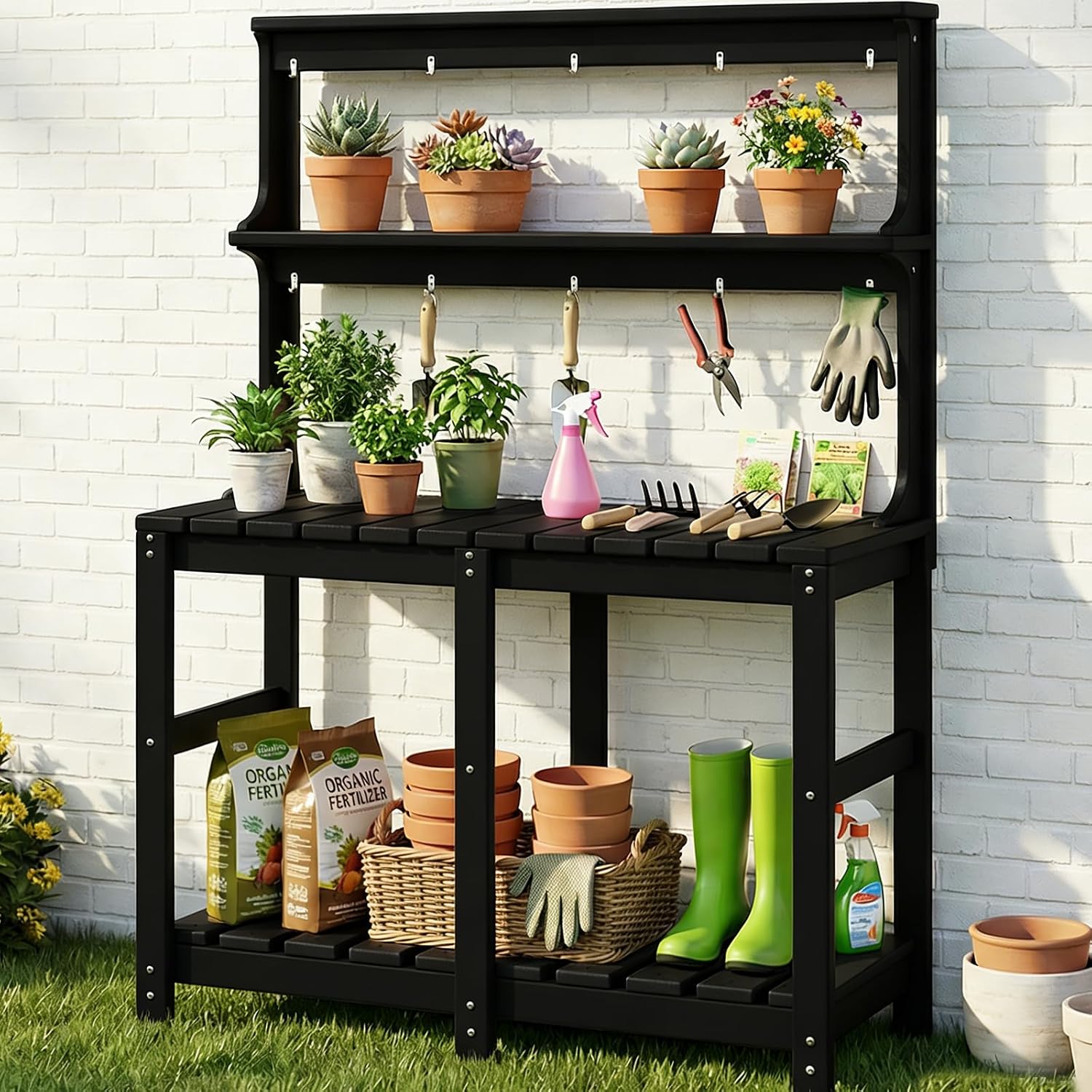 Gardening Tools Toolstation - โต๊ะปลูกต้นไม้ HDPE ทนทานทุกสภาพอากาศ พร้อมตะขอแขวนอุปกรณ์ สถานีงานทำสวนกลางแจ้ง แข็งแรง