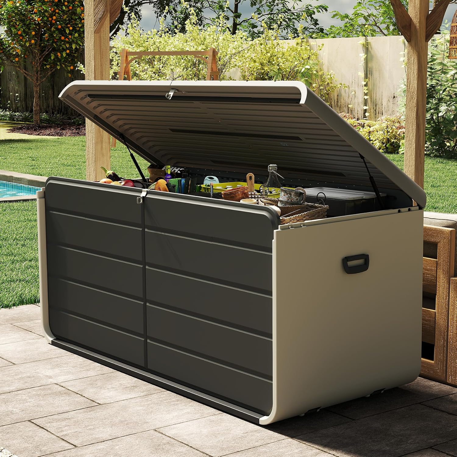 Gardening Tools Organizer - กล่องเก็บของในร่มและกลางแจ้งขนาด 200 แกลลอน กล่องเก็บของขนาดใหญ่กันน้ำทำจากเรซิ่น พร้อมฝาปิดล็อคได้ ทนทานต่อสภาพอากาศ