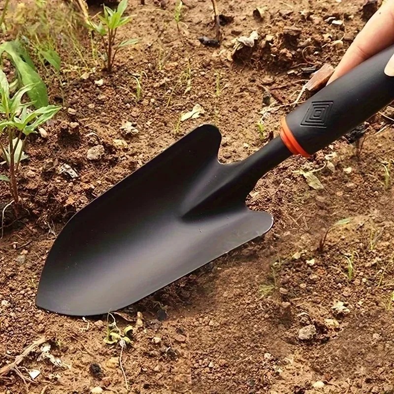 Gardening Tools Trowel - 1 ชิ้น จอบสวนโลหะพร้อมด้ามจับสีดำตามหลักสรีรศาสตร์และขอบสีส้ม - เครื่องมือที่สมบูรณ์แบบสำหรับปลูกดอกไม้และผัก